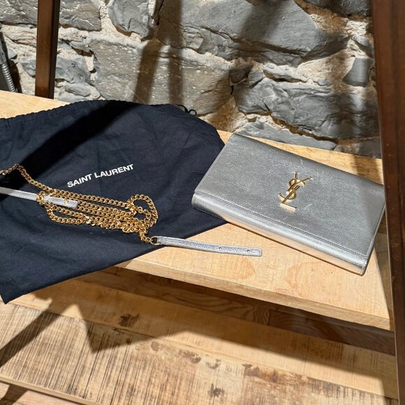 Saint Laurent Silver Metallic Kate Monogram Wallet On Chain Clutch - Picture 15 of 15